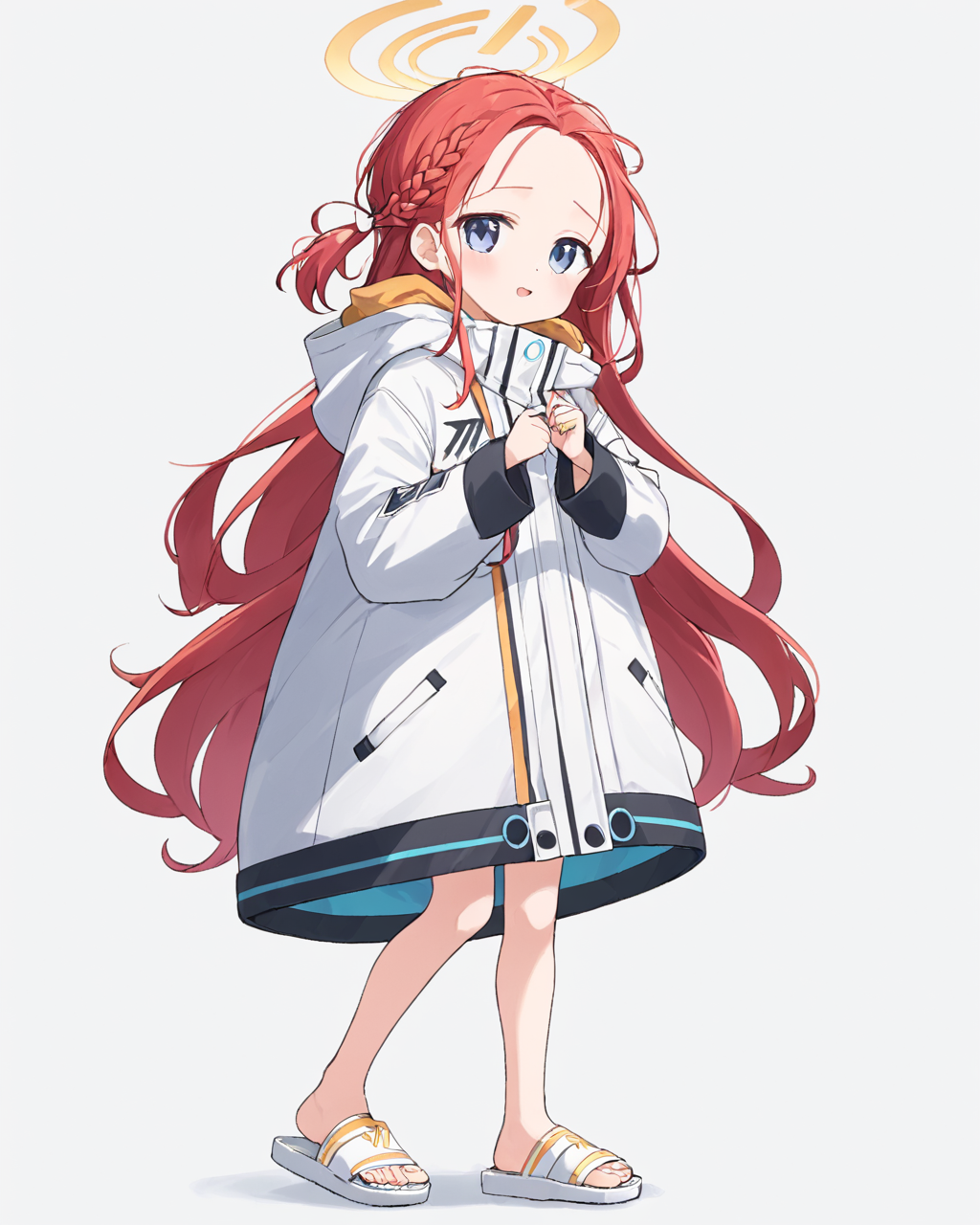 yuzu \(blue archive\),1girl, solo, halo, hair_bow, forehead, hooded_jacket, looking_at_viewer, on_side, long_sleeves, braid, white_jacket, white_bow, parted_lips, white_background, simple_background, sandals, hooded_coat, full_body, white_footwear, multicolored_clothes, open_mouth, coat, one_side_up, hood_down
<lora:yuzu_(blue_archive)_image343_2023-11-18_spv-000035:1>. gorgeous,key visual, vibrant, studio anime,award-winning, professional, highly detailed,high budget, cinemascope