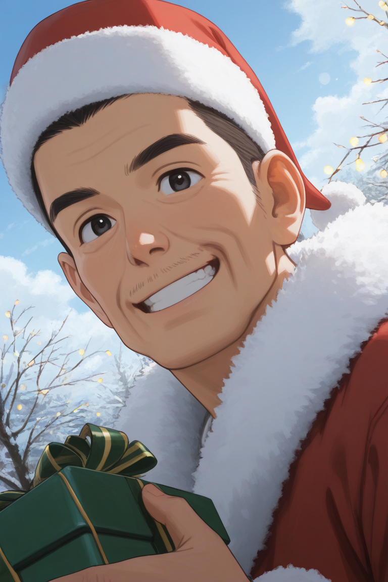 realistic shading, day, snowflake, christmas theme, male focus, looking at viewer, expressive face, holding a gift box, minodaoi, black_minodaoi_short hair, black_minodaoi_eyes, old man, 1boy, smiling, santa claus cosplay, red headwear, fur-trimmed coat, outdoors, christmas lights, bokeh, cloud, centered, dutch angle, dynamic angle, intricately detailed illustration, depth of field, masterpiece, best quality, amazing quality, very aesthetic, absurdres, newest