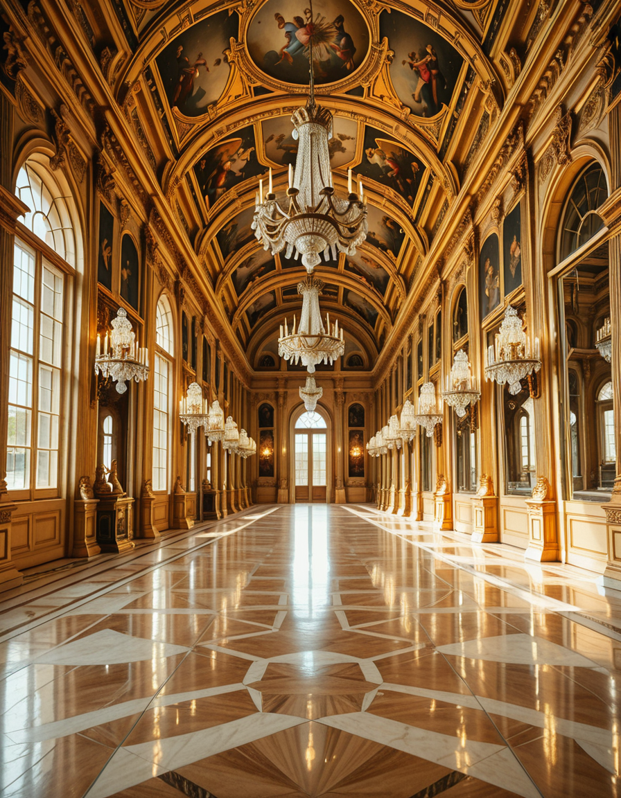 A breathtaking, photorealistic depiction of the Hall of Mirrors (Galerie des Glaces) at the Palace of Versailles in France, captured in golden afternoon light. The hall is grand and opulent, with a high arched ceiling painted with intricate Baroque frescoes. The walls are lined with tall arched mirrors on one side and large arched windows on the opposite side, flooding the space with natural light. Elegant crystal chandeliers hang from the ceiling, reflecting in the mirrors and sparkling with golden highlights. The marble floors are polished and gleaming, with rich, warm tones. Gilded statues and decorative elements frame the mirrors and doorways. The image style is ultra-detailed and photorealistic, with sharp textures and soft, warm lighting creating a majestic, timeless atmosphere. No people present, only the serene magnificence of the empty hall. Camera angle at eye level, centered down the hall, capturing the full length and symmetry of the space.
<lora:SDXLFaeTastic2400:0.4> <lora:extremely_detailed:0.4> extremely detailed,Hall of M1rr0rs, <lora:Hall_of_M1rr0rs-i:1>, Masterpiece,best quality,hi res,8k,hi res,8k,award winning,(sharp focus, intricate, highly detailed),