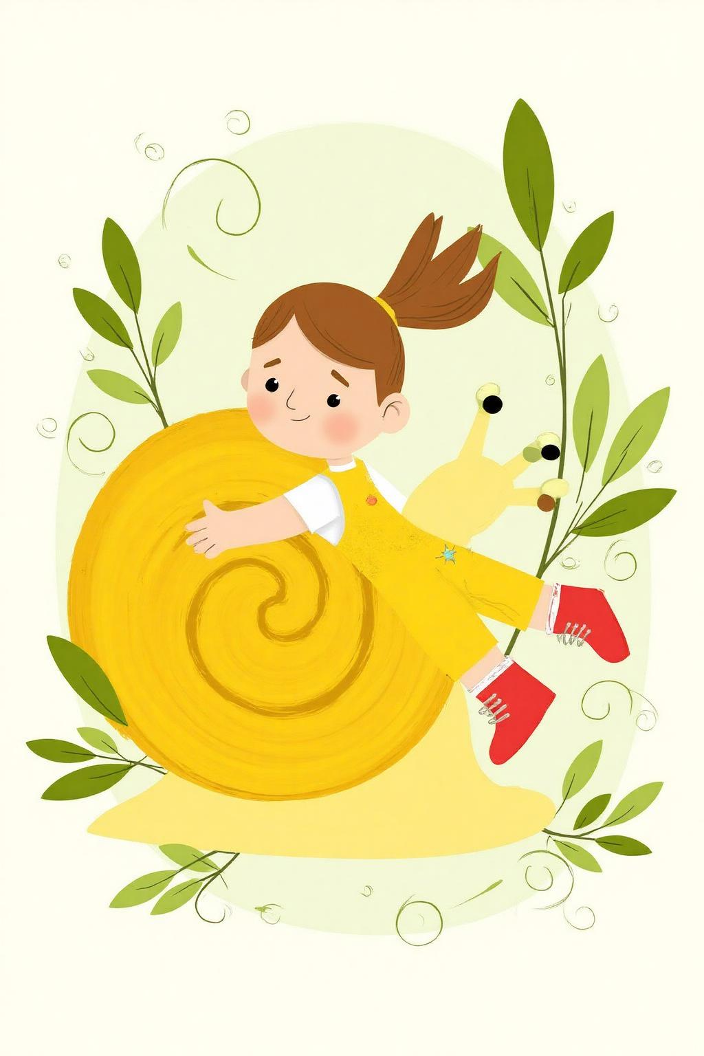 vector art.
A child, her hair style in a ponytail, in yellow overalls and red boots is hugging a large snail with a yellow spiral shell. The snail has two prominent eyes. Surrounding them are stylized green leaves and swirling patterns.
 <lora:vectorart1_cap_d6a3:1.0><lora:844067486056932325:0>