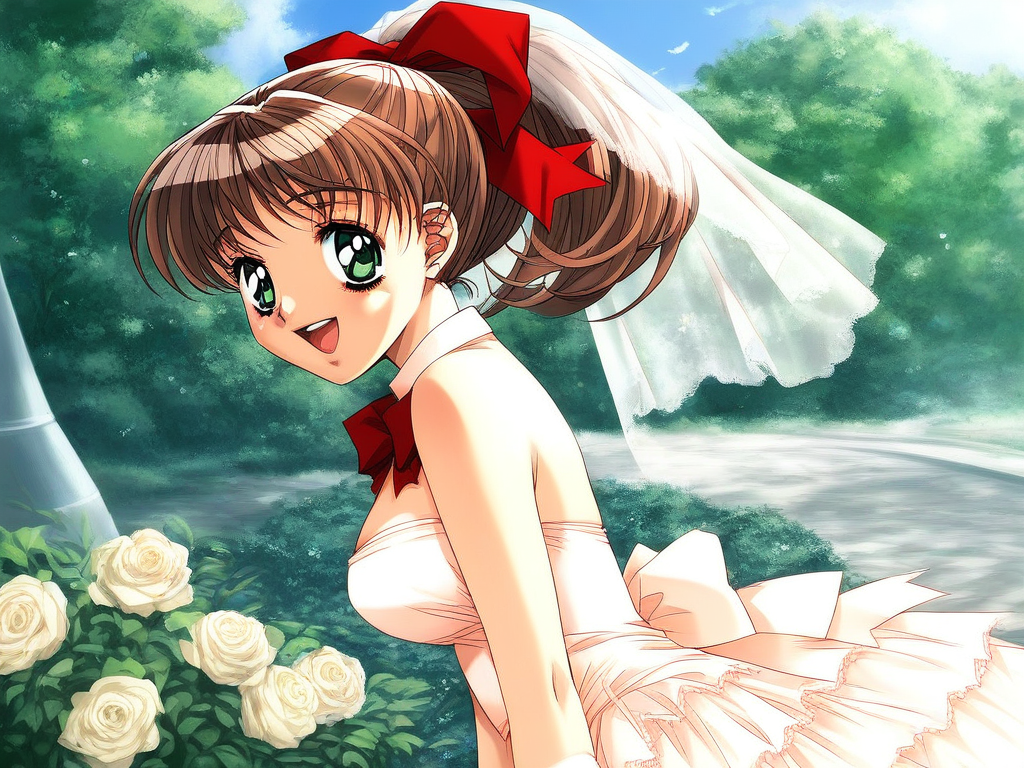 score_9, score_8_up, score_7_up, source_anime, rating_explicit, BREAK  <lora:Sunohara_Suzuha_XL:1>Sunohara_Suzuha, solo, brown hair, green eyes, red bow, hair bow, medium hair, ponytail, medium breasts,
wedding dress, outdoor, day, happy, standing,
