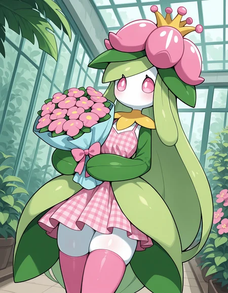masterpiece, best quality, amazing quality, very detailed, newest, no humans, WnLlgnt, white skin, colored sclera, leaf arms, pink flower, pink eyes, pokemon \(creature\), 1girl, anthro, plant girl, garden, plaid dress, (greenhouse), bows, pink thigh highs, holding a bouquet, flower pots), pink dress, looking away, dynamic angle, <lora:e1d95fb1-2374-4fef-a9fa-bfb60ce90f11:0.8>