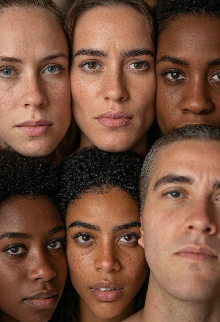 A hyper-realistic portrait of a diverse group of people with varied skin tones, expressions, and backgrounds, showcasing intricate facial details, natural lighting, and lifelike textures. The composition is vibrant yet balanced, highlighting the photorealistic capabilities of the RealFace LoRA, perfect for AI art and character design. Cinematic depth of field, soft bokeh, ultra-detailed, 8K resolution