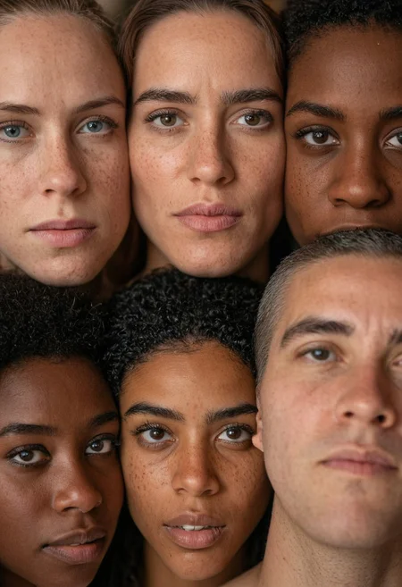 A hyper-realistic portrait of a diverse group of people with varied skin tones, expressions, and backgrounds, showcasing intricate facial details, natural lighting, and lifelike textures. The composition is vibrant yet balanced, highlighting the photorealistic capabilities of the RealFace LoRA, perfect for AI art and character design. Cinematic depth of field, soft bokeh, ultra-detailed, 8K resolution