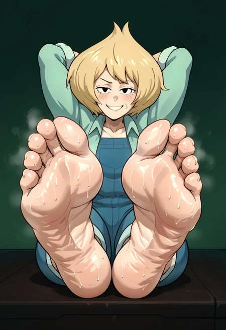 score_9, score_8_up, masterpiece, 1girl, solo, close up shot, source_cartoon, rating_explicit,
high detail, perfect face, (full body shot:1.5), spread legs,  looking at viewer
warm lighting, 
((perfect feet, beautiful feet)), thick soles, wide soles, sweaty soles, detailed soles, meaty soles, 
soles pov, foot focus, foreshortening, 
bubble butt, thick thighs, wide hips, bottom heavy, , [body steam],
dark green background, medium breasts,
arms up, hands behind head,
front view,
blushing, gentle smile, motherly, :o,
soles pov, shiny soles, meaty soles, leaning forward,,
1girl, Solo, VidaliaMilf_SU, pale white skin, black eyes, pale blonde hair, short hair, messy voluminous hair,
large mint green shirt, blue overalls with cuff over pants, white t-shirt under overalls, barefoot,