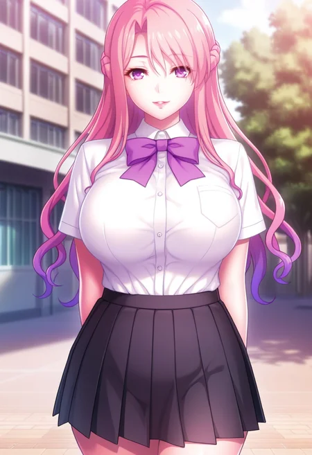 masterpiece, best quality, amazing quality,yurgund, purple eyes, pink hair, long hair,french braid, mature female,1girl, breasts,solo,large breasts,school uniform,pleated skirt,white shirt, black skirt, purple bow,short sleeves, parted lips, light smile, standing,arms behind back, looking at viewer, cowboy shot, blurry background, outdoors, school, cherry blossom <lora:yurgundV1:0.9>