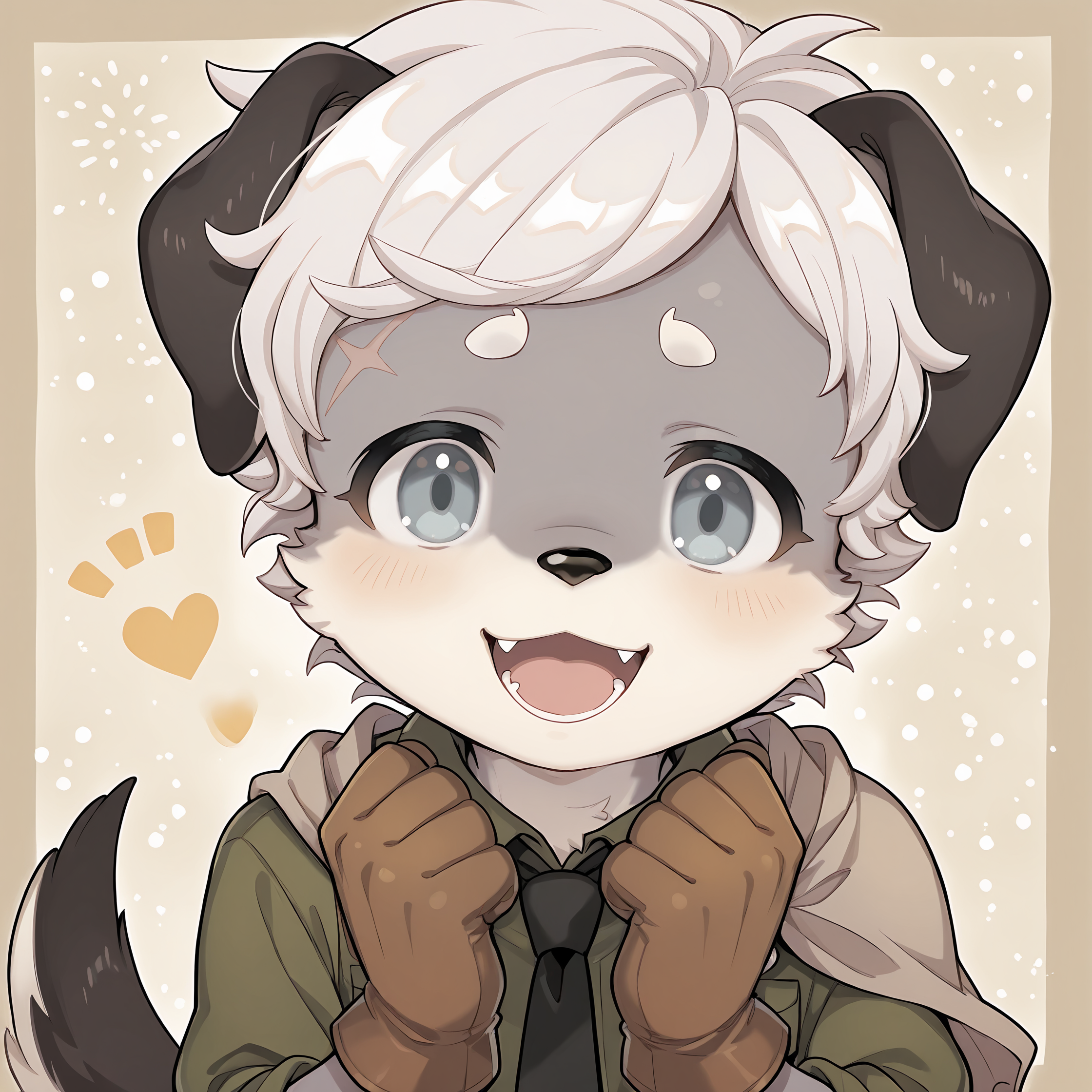 BREAK, <lora:Britz_Strudel:1>, britz strudel, fuga: melodies of steel, kemono, furry male, young male, 1boy, dog boy, grey fur, beige fur, multicolored fur, grey eyes, short hair, white hair, scar above right eye, animal ears, dog ears, floppy ears, dog tail, brown tail,
BREAK, Fuga 2 Outift, olive green button-up shirt, rugged cape, beige cape, black necktie, brown gloves,
BREAK, solo, face focus, smile, happy, looking at viewer, open mouth, fangs