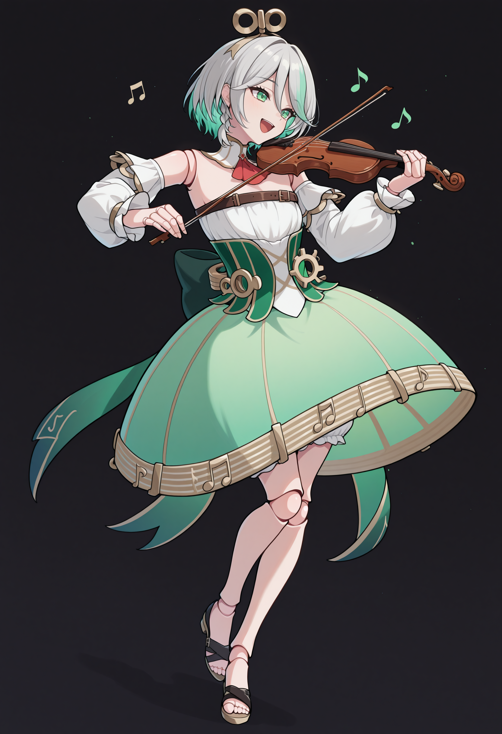 masterpiece, best quality, 1girl, solo, CeciliaDefault, green eyes, winding key hair ornament, doll joints, grey hair, colored inner hair, streaked hair, short hair, side braid, detached collar, red ascot, strapless dress, detached sleeves, chest belt, green corset, gears, green skirt, bloomers, white shorts under skirt, gold trim, black sandals, musical note, dynamic angle, dutch angle, full body, playing violin, violin, holding violin, brown violin, :d, smile, dark theme, simple background, black background, <lora:ChamCeciliaImmergreenIllustriousXL:1>