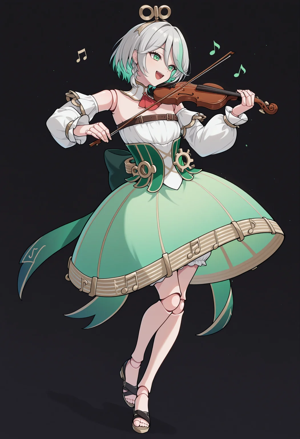 masterpiece, best quality, 1girl, solo, CeciliaDefault, green eyes, winding key hair ornament, doll joints, grey hair, colored inner hair, streaked hair, short hair, side braid, detached collar, red ascot, strapless dress, detached sleeves, chest belt, green corset, gears, green skirt, bloomers, white shorts under skirt, gold trim, black sandals, musical note, dynamic angle, dutch angle, full body, playing violin, violin, holding violin, brown violin, :d, smile, dark theme, simple background, black background, <lora:ChamCeciliaImmergreenIllustriousXL:1>