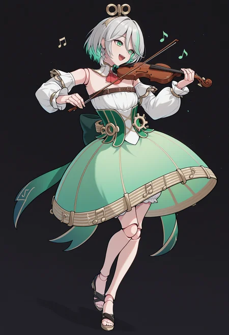 masterpiece, best quality, 1girl, solo, CeciliaDefault, green eyes, winding key hair ornament, doll joints, grey hair, colored inner hair, streaked hair, short hair, side braid, detached collar, red ascot, strapless dress, detached sleeves, chest belt, green corset, gears, green skirt, bloomers, white shorts under skirt, gold trim, black sandals, musical note, dynamic angle, dutch angle, full body, playing violin, violin, holding violin, brown violin, :d, smile, dark theme, simple background, black background, <lora:ChamCeciliaImmergreenIllustriousXL:1>