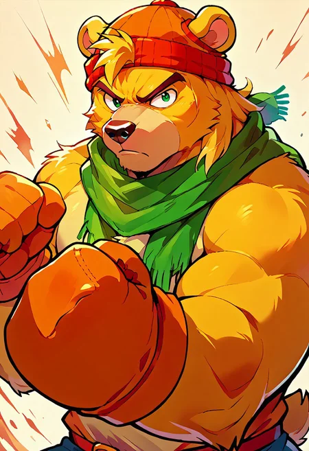 score_9, score_8, score_7, score_6, 1man, solo, furry, anthro, anthro bear, source_cartoon, Bark the bear, green scarf, orange beanie, furry male, simple background, gloves, upper body, fighting stance, portrait, looking at viewer,