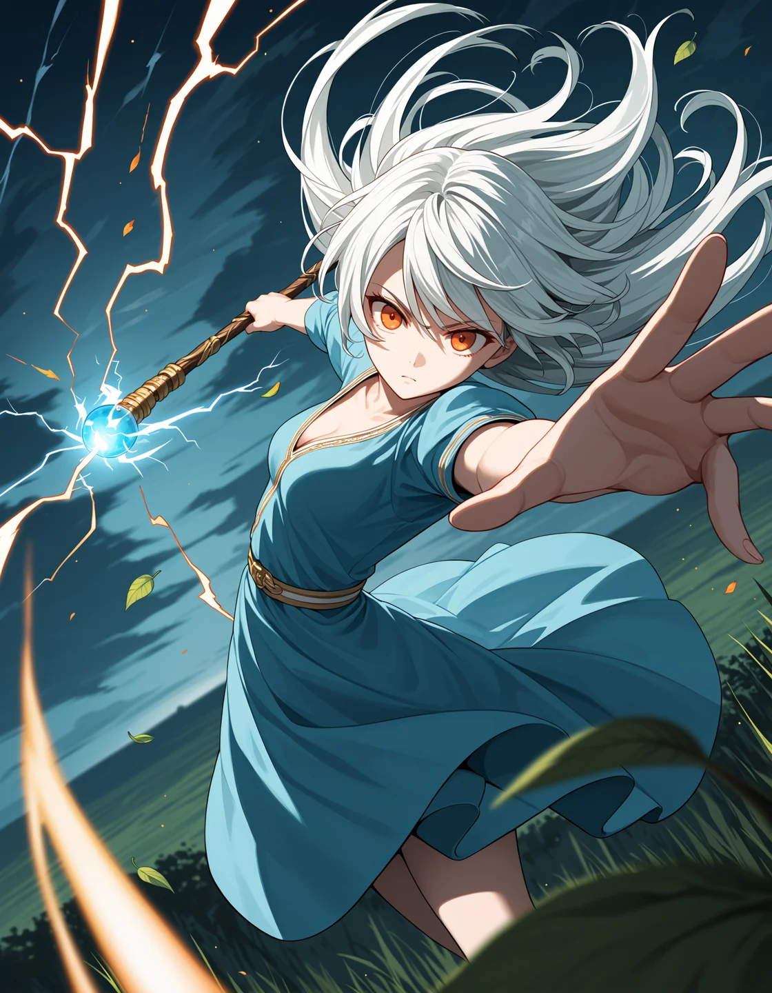 score_9, score_8_up, score_7_up, score_6_up, score_5_up, score_4_up, source_anime, BREAK, 1girl, solo, perspective, depth of field, staff, dutch angle, white hair, floating hair, orange eyes, dress, wind, action pose, sparks, lightning, leaves, magical, <lora:ChamIllustriousBackgroundEnhancer:1>, incoming attack, magic, looking at viewer, medium breast