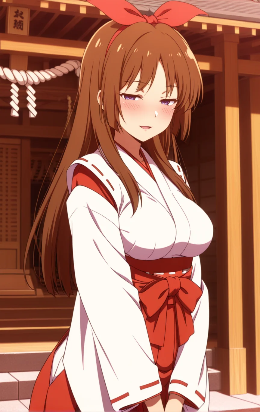 1girl,akbma1dp0rkem0b2,anime coloring,solo,long hair,purple eyes,(blue eyes:0.9),medium breasts,brown hair,hair ribbon,red ribbon,miko,shinto,shrine,oudoors,,half-closed eyes,light smile ,,,,open mouth ,blush,best quality,masterpiece,sensitive, , <lora:AkibaMaidPokerMob2NoobAi:0.95>
