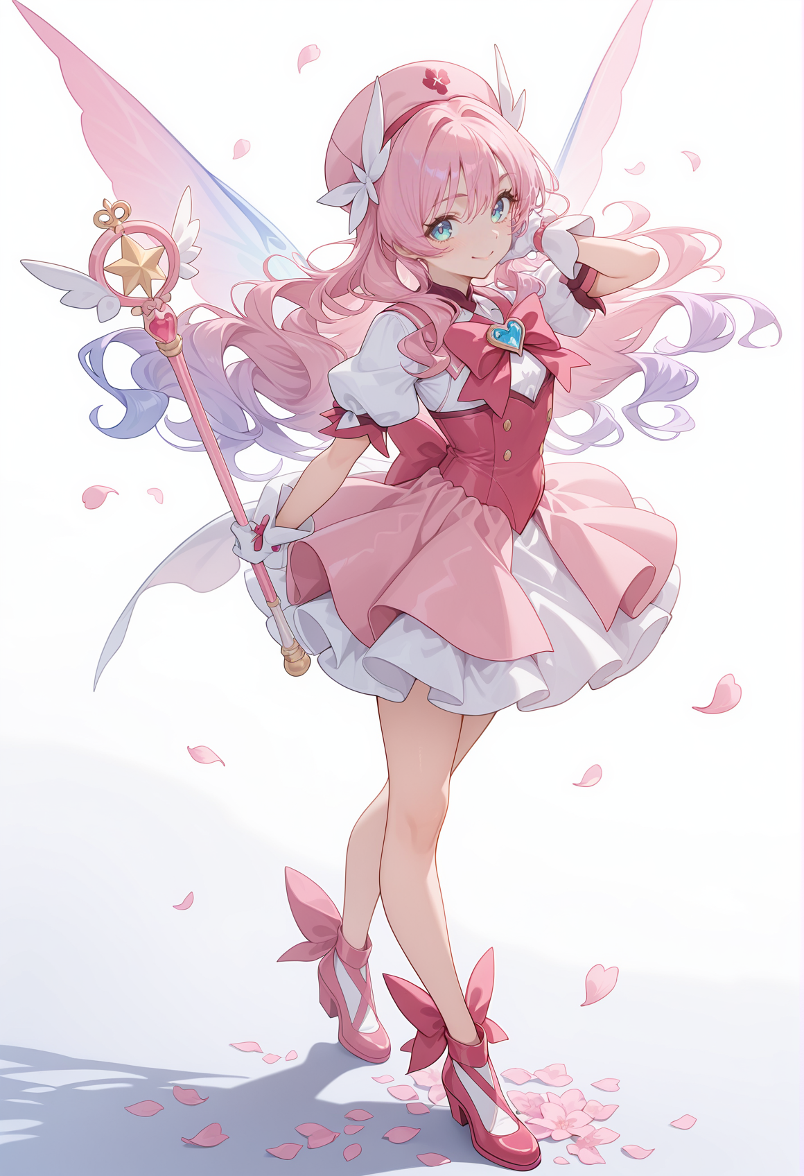 perfect quality,high quality,masterpiece,best quality,amazing quality,very aesthetic,Cinematic Lighting,newest,Tactical use of shadow,
1girl,cyan hair,mermaid waves hair,
pink headwear,hat,dress,wings,gloves,white gloves,magical girl,wand,smile,white background,bow,glove bow,puffy sleeves,short sleeves,full body,simple background,shoes,looking at viewer,petals,pink dress,puffy short sleeves,,
<lora:ponyv4_noob1_2_adamW:0.6>,<lora:spo_sdxl_10ep_4k-data_lora_webui:0.6>,<lora:USNR STYLE_XL_loha:0.45>,<lora:HG2512 by CYQL:0.9>,HG2512,usnr,,