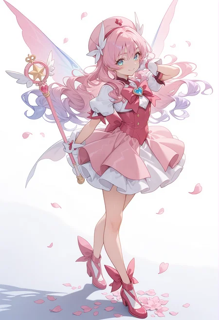 perfect quality,high quality,masterpiece,best quality,amazing quality,very aesthetic,Cinematic Lighting,newest,Tactical use of shadow,
1girl,cyan hair,mermaid waves hair,
pink headwear,hat,dress,wings,gloves,white gloves,magical girl,wand,smile,white background,bow,glove bow,puffy sleeves,short sleeves,full body,simple background,shoes,looking at viewer,petals,pink dress,puffy short sleeves,,
<lora:ponyv4_noob1_2_adamW:0.6>,<lora:spo_sdxl_10ep_4k-data_lora_webui:0.6>,<lora:USNR STYLE_XL_loha:0.45>,<lora:HG2512 by CYQL:0.9>,HG2512,usnr,,