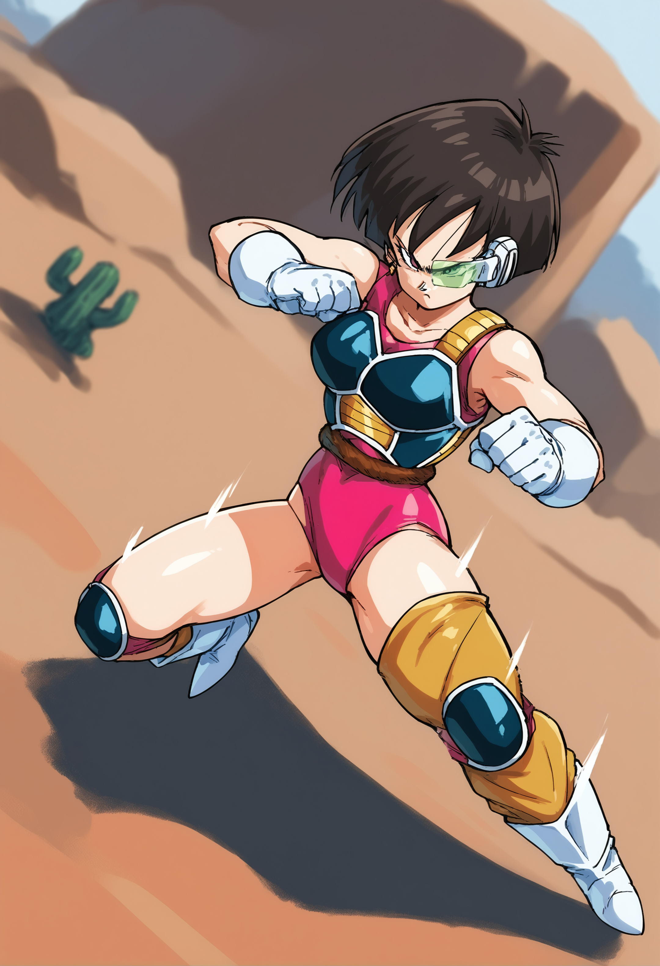 score_9, score_8_up, score_7_up, score_6_up, source_anime, dutch angle, (fighting stance), in movement, 1girl, full body,<lora:Fasha:1.0> fasha, Saiyan Armor,  gloves, boots, short hair, eyewear, (monkey tail), (pink leotard),serious, BREAK petite,  seen from above, (sideview:0.8), (desert in background), cactus, (movement lines), (motion blur), <lora:honjouji_akira_pony_ver1:0.6> drgbls1