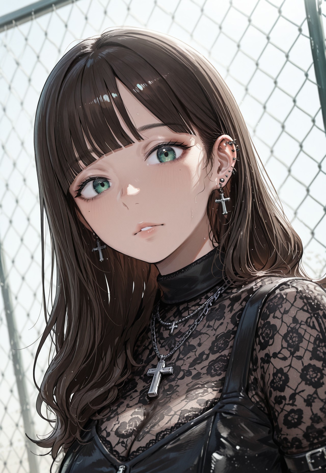 rrmi2, mature female, milf, 1girl, middle-aged, jewelry, solo, chain-link fence, earrings, looking at viewer, fence, dark brown hair, parted bangs, long hair, blunt bangs, portrait, gothic, cross, parted lips, closed mouth, cross earrings, chain, green hazel eyes, piercings, necklace, dynamic dutch angle, detailed lighting, masterpiece, materfully drawn, ultra-HD, best quality, very aesthetic, incredibly_absurdres, highres, latest, year 2025, rrmi2