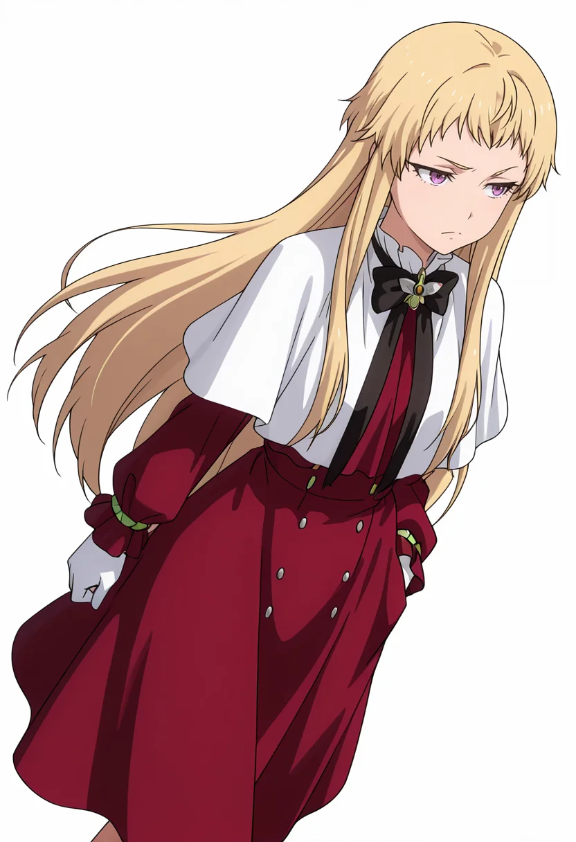Smooth Quality,masterpiece,very intricate, high quality details, ultra realistic, high detailed skin,detailed enviorement,absurdres,
simple background, white background,solo,
walking, one hand in pocket, looking aside, casual, confident, ,dynamic angle,annoyed,
<lora:Mariabell_Rosso_cnn:0.8> maricnn,1girl, long hair, blonde hair, purple eyes, frown, very long hair,red dress, long sleeves,white capelet,black bowtie,white gloves,