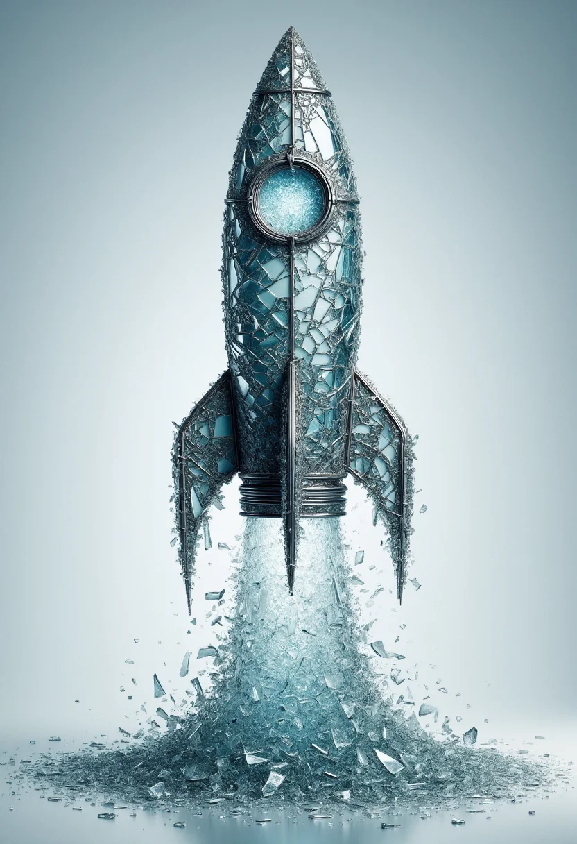 <lora:Glass_Fracture_Former_FLUX-000017:0.9>
This is a digital artwork featuring a stylized, surreal image of a rocket made entirely of shattered glass.