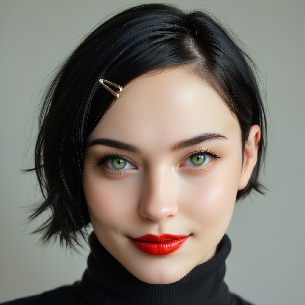portrait, light makeup, neoteny, 18 years old, soft jaw, puffy mouth, large eyes, perfect yes, turtleneck white shirt, skinny , narrow face, european, face close up, 1girl, solo, black hair, bobcut, hairpins, glossy red lipstick, lips, looking at viewer, realistic, grey background, smirking, simple background, face, green  eyes, upper body, eyelashes, close-up, nose, eyebrows, indoors, bright lighting, artistic shot, perfecteyes