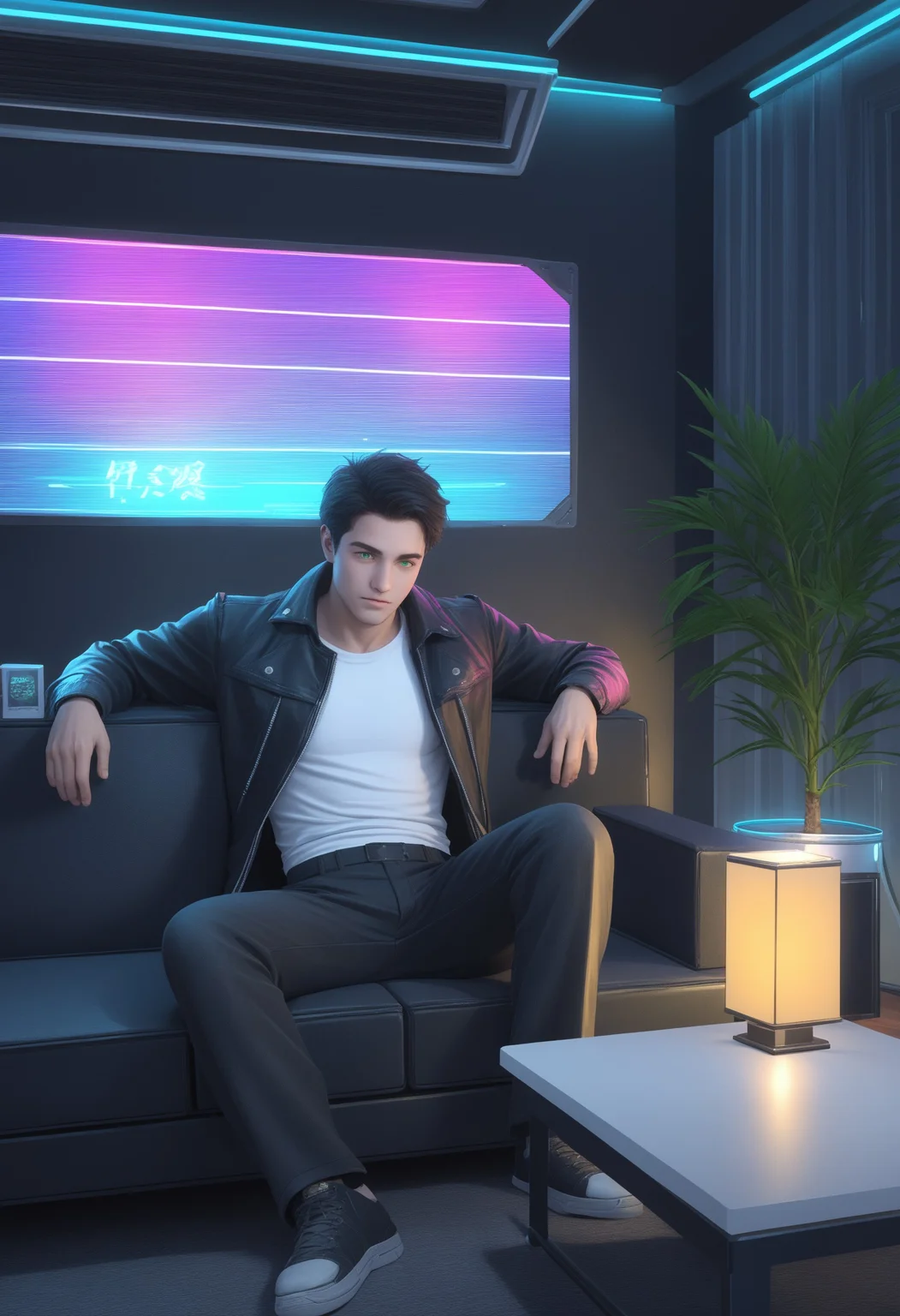 score_9, score_8_up, score_7_up, S0LUT10N-9 Style, 1boy, male focus, green eyes, black hair,  neon jacket, leather pants, white shirt, sitting on the couch, plant, chair, lamp, indoors, television, table, potted plant, light, couch, science fiction, synthwave, neon, <lora:fb1dd807-59d7-4c42-a432-5d9215ee8991:0.7>