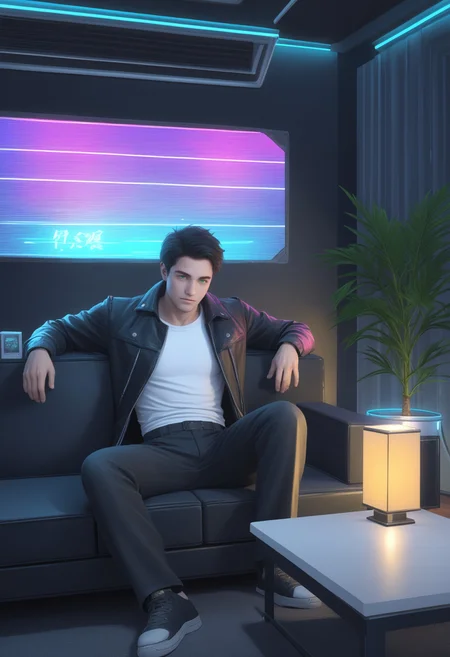 score_9, score_8_up, score_7_up, S0LUT10N-9 Style, 1boy, male focus, green eyes, black hair, neon jacket, leather pants, white shirt, sitting on the couch, plant, chair, lamp, indoors, television, table, potted plant, light, couch, science fiction, synthwave, neon, <lora:fb1dd807-59d7-4c42-a432-5d9215ee8991:0.7>