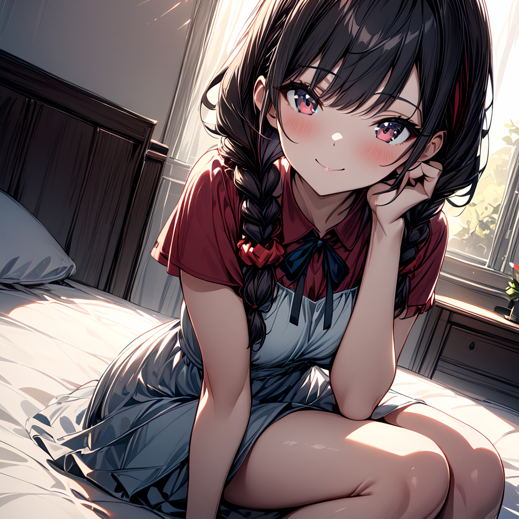 masterpiece, best quality, 1girl, casual, dress, neck ribbon, short sleeves, two-tone dress, smile, black hair, twin braids, red hair scrunchie, bedroom, sunlight, sitting, on bed, dutch angle, (head rest:1.2),  <lora:SDXL Between_pencils_and_semi-realism_Style:0.9> stbedap