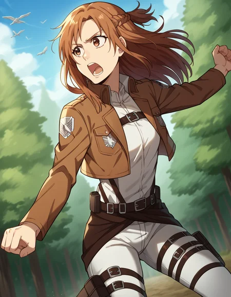 score_9, score_8_up, score_7_up, source_anime, asunayuuki, <lora:asuna-yuuki-s1-ponyxl-lora-nochekaiser:1>, asuna yuuki, long hair, brown hair, brown eyes,, <lora:paradis-military-uniform-ponyxl-lora-nochekaiser:1>, paradis military uniform, belt, cloack, cropped jacket, emblem, green cloak, jacket, long sleeves, pants, shirt, thigh strap, uniform, white pants, white shirt, brown jacket,, outdoors, forest, nature, fighting stance, open mouth, floating, flying,, cowboy shot, dutch angle, solo,