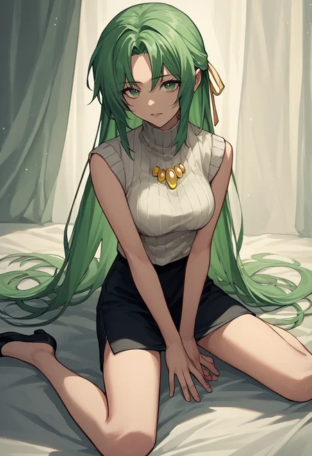 score_9, score_8_up, score_7_up, source_anime, 1girl, kneeling, spread legs, ShionSW, green hair, long hair, green eyes, hair ribbon, white turtleneck sweater, black pencil skirt, brooch, sleeveless, looking at viewer, <lora:Wariza 2-000007:1> <lora:Shion lorer 4:1>