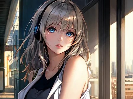 walking, soft_realistic_lighting, mv, beautiful, style by hitenkei, style by
piromizu, style by maccha, buildings, sky, beautiful, 1girl, clear blue skies, cities background, halfbody_shot, big beautiful eyes, detailed eyes, tonemapping, volumetric lighting, (very_soft_lighting), (light_grey_hair), streets, (open white jacket, black tank top), glowing yellow eyes, 8k, detailed background, realistic background, lovely, soft shadow, soft_outline, black headphone with golden outline, stripe red hair color, detailed hair,