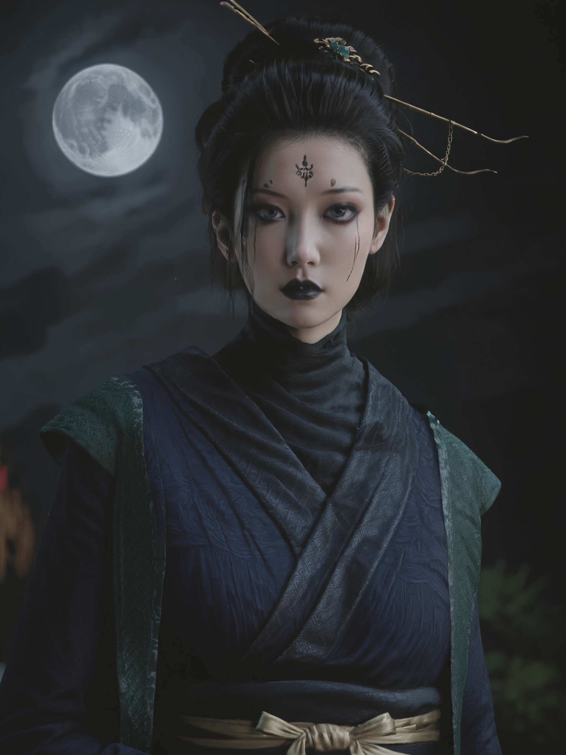 score_9, score_8_up, score_7_up, 8k, best quality, masterpiece, (ultra-detailed), solo, full body:1.1), looking at viewer, 
<lora:zzsimei2-atw-Tanger:0.8>, zzsimei, Fourth daughter, Navy blue Hanfu, long sleeves, black lips, runny makeup, facial mark, by heishenhua, game cg, solo, black hair, hair stick, 1girl, sash, Heavy black makeup, realistic, kimono, 
<lora:Turquoise Style LoRA_Pony XL v6:0.25>, traditional media, realistic, 
portrait painting, close-up, back, upper body, side  face, night, 
A close-up of a traditional Chinese beauty in ancient attire, holding a cup of wine near her lips, gazing thoughtfully at the moonlit sky. Her elegant robes and intricate hair ornaments are illuminated by the soft glow of the full moon. The background is a blurred view of a serene, misty landscape, highlighting the details of her expression and attire. Created Using: portrait realism, delicate brush strokes, soft lighting, intricate details, hd quality, cinematic focus, shallow depth of field, <lora:xl_more_art-full-beta2:0.5>,