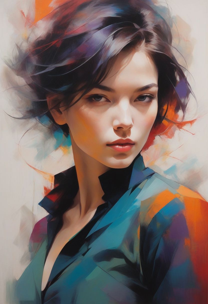 portrait of a woman, upperbody, minimalist, with dynamic movement and bold colors, by vovin,trendy art market