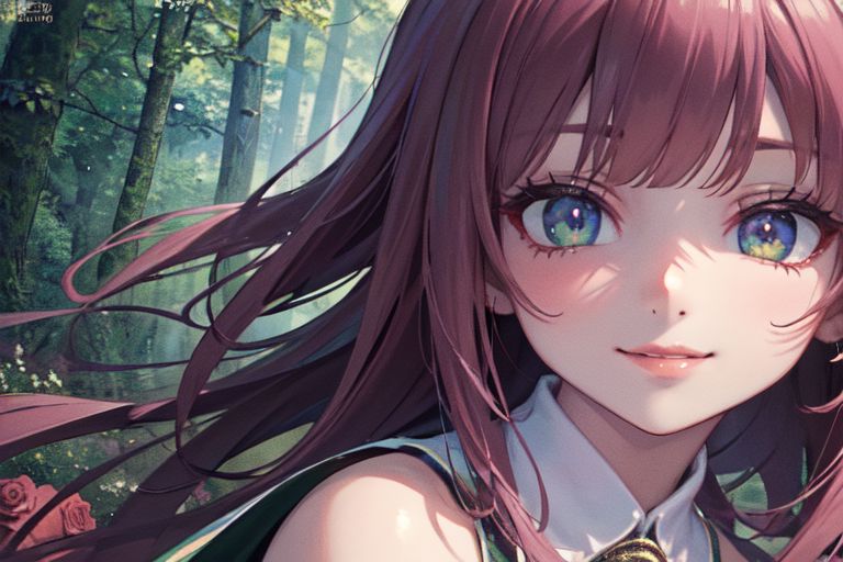 (masterpiece:1.4), 4K8K, (anime style), (high shutterspeed:1.4), (sharp edges), 
SyFyEye1, 
1woman  hands togather,  leaning foward, face focus, smile, closed mouth, 
wearing Celtic style dress, (Detailed face, Detailed eyes, Detailed lips), 
any colored roses, Fantastic Forest in the background,