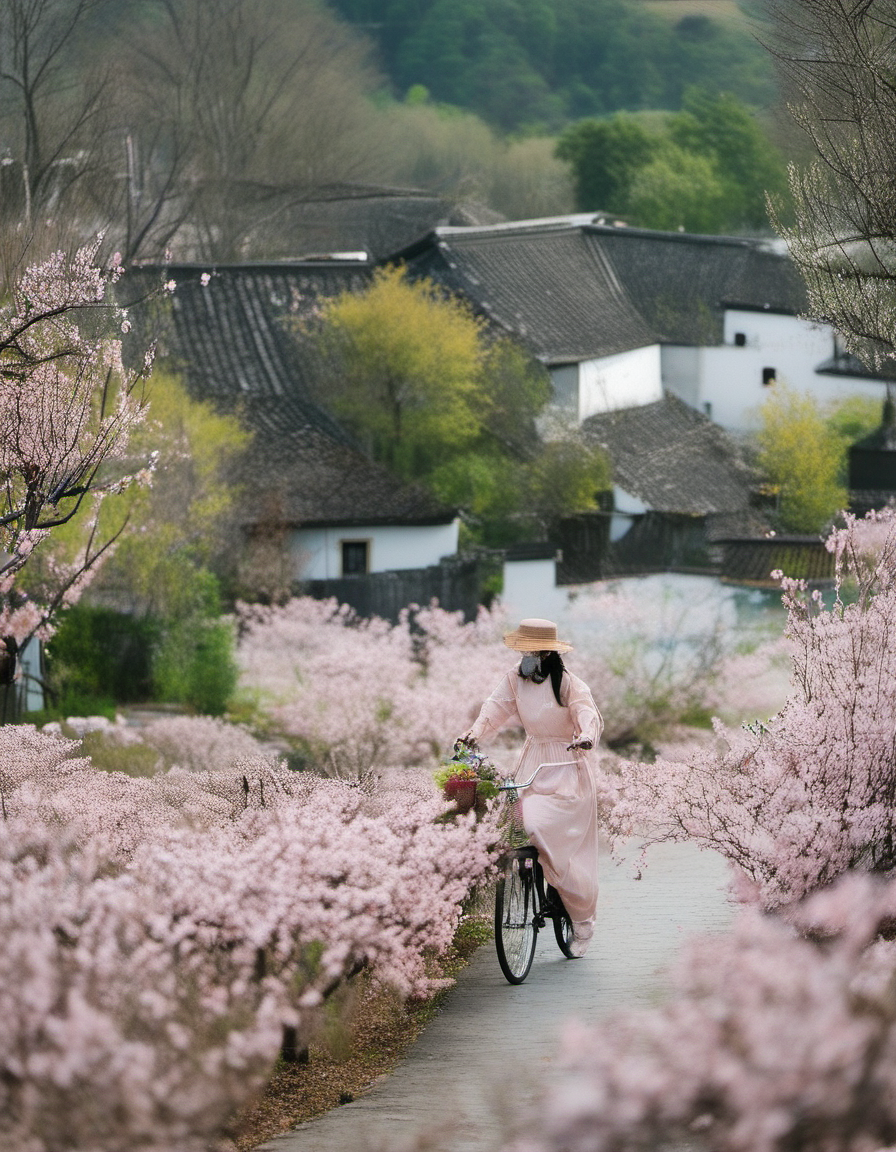 XLCNYoucaiHK,A vibrant photograph captures a serene scene in a Japanese countryside. A woman in a pink dress and wide-brimmed hat rides a bicycle along a winding road, surrounded by blooming cherry blossoms and bright yellow flowers. Traditional Japanese houses with tiled roofs and lush greenery fill the background, with distant mountains under a cloudy sky.
<lora:20250330-1743320668957:0.8>,