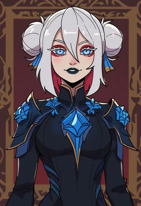 score_9, score_8_up, score_7_up, masterpiece, best quality, detailed face, detailed eyes, BSDBN BREAK 1girl, slim, delicate features, sensual glare, smile, pale skin tone, blue eyes, makeup, dark lipstick, regal dressing, fur trimmed black dress, white hair with two buns, (hands down), BREAK half-sideways view, medium shot, BREAK simple background
