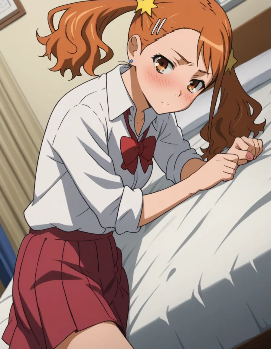 score_9, score_8_up, score_7_up, source_anime,
narukoanjou, <lora:naruko-anjou-s1-ponyxl-lora-nochekaiser:1>,
naruko anjou, orange hair, twintails, brown eyes, hair ornament, star ornament, hair clip,
skirt, bow, school uniform, sleeves rolled up, red bowtie, shirt, white shirt, collared shirt, red skirt,
indoors, bed, bed room, on side, blush, drunk,
looking at viewer, solo, cowboy shot, dutch angle,