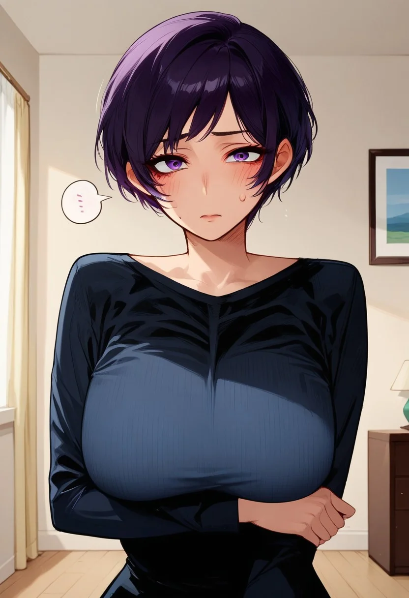 score_9,score_8_up,score_7_up,score_6_up,best quality,masterpiece, Expressiveh, background is living room, 1girl, solo
BREAK
esmrata, from front, long sleeves,flustered, purple eyes, short hair, black hair, looking at viewer, blush, black shirt, upper body, large breasts, arm under breast , long sleeves