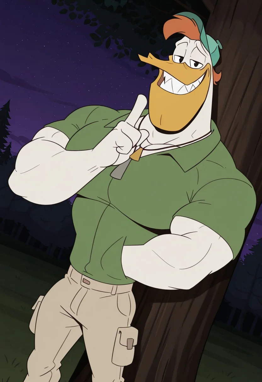 solo, 1 boy, male focus, bara, muscular, furry, male, Launchpad Mcquack. Duck, white feathers, yellow Beak, Orange hair, black eyes, duck feet, anthro, Teal cap, green floral shirt, necklace, beige pants, smug, evil smug, evil face, grin, evil grin, Sharp teeth, shushing, perfect anatomy, masterpiece, perfect quality, best quality, detailed, newest, very aesthetic, muscular, detailed muscle, big pecs, Thick Pecs, juicy pecs, hyper Pecs, detailed muscle, leaning against tree, Closer against tree, outdoors, grassy, night time, purple night sky, dutch angle, perfect anatomy,