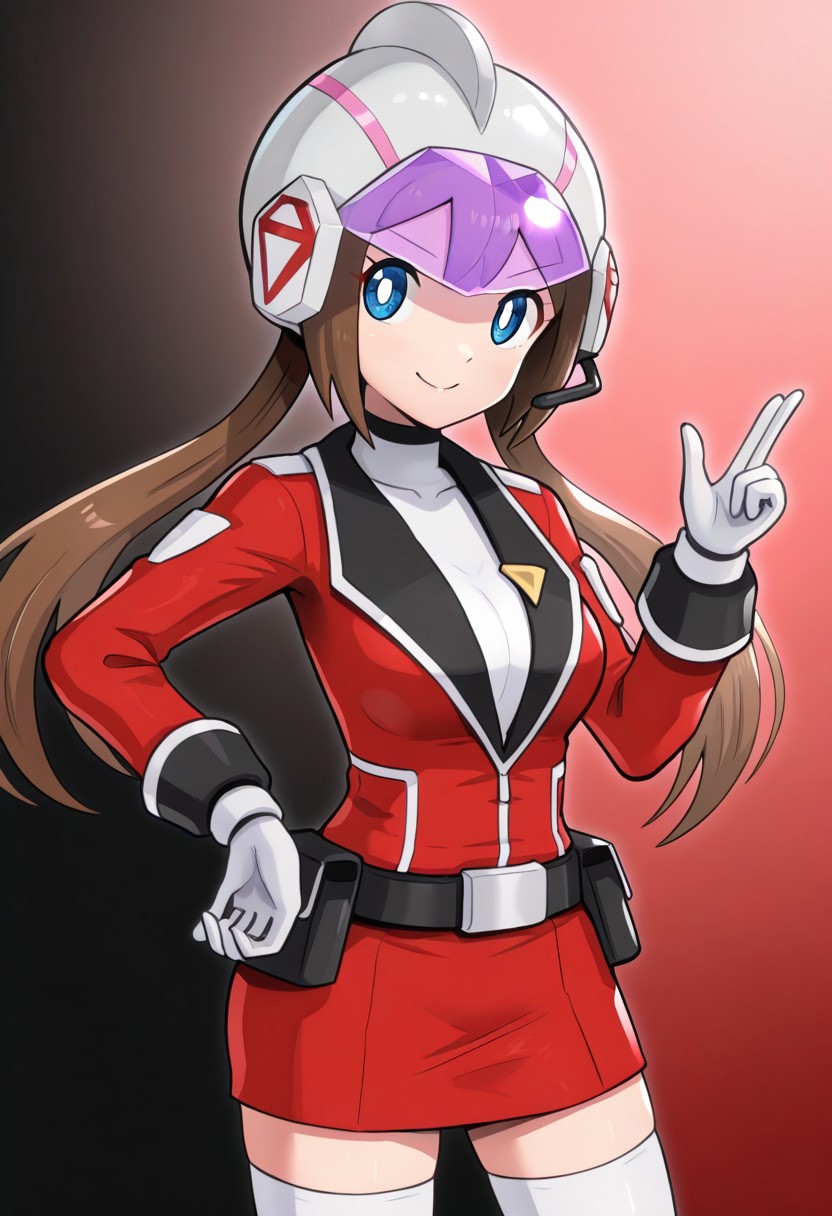 [hinosaki, pokemoa, gonzarez], 2d, masterpiece, best quality, amazing quality, 1girl, solo, close-up, standing, smile, upper body, cowboy shot, looking at viewer, simple background, gradient background, black background, red background, caprosa, blue eyes, white pupils, brown hair, long hair, twintails, bangs, helmet, red jacket, long sleeves, white gloves, black belt, belt pouch, red skirt, zettai ryouiki, white thighhighs