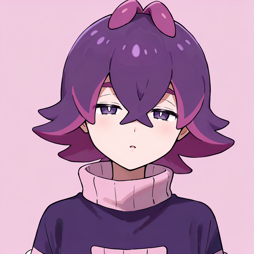 <lora:dotIL>,dot \(pokemon\),multicolored hair,purple hair,two-tone hair,upper body,simple background,looking at viewer,half-closed eyes,