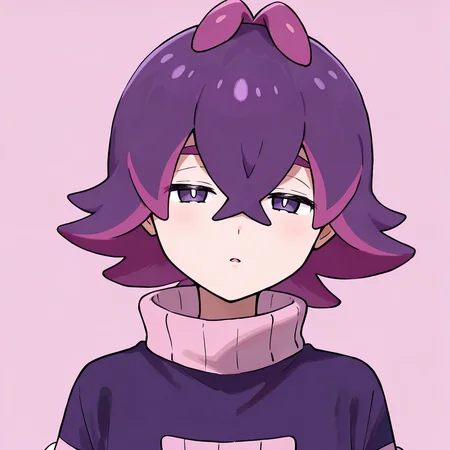 <lora:dotIL>,dot \(pokemon\),multicolored hair,purple hair,two-tone hair,upper body,simple background,looking at viewer,half-closed eyes,