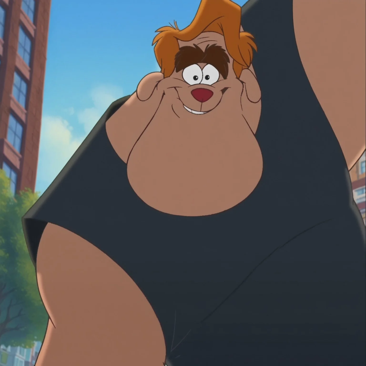 1boy, male, furry, thick eyebrows, fat, orange hair, black tank top, shorts, black eyes, red nose, fingerless gloves, black gloves, muscular, cartoon style, exaggerated proportions, expressive face, confident pose, broad shoulders, urban background, score_9, score_8_up, score_7_up, absurdres, intricate details, , masterpiece, best quality, amazing quality, source_anime, dynamic, screencap, high quality cg, DISNEY_ANIMATION, wearing shirt, tank top, shirt, 