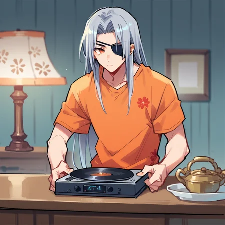 shin natsume, tenjo tenge, ah1, 1boy, long hair, gray hair, parted bangs, score_9, score_8_up, score_7_up, score_6_up, source_anime, orange t-shirt,<lora:Shin_Natsume_from_Tenjo_Tenge:0.8>, (Contrapposto), (Country Inn Parlor, Welcoming room with a crackling fireplace, plush armchairs upholstered in floral patterns, a polished mahogany bar stocked with decanters, a vintage record player with a stack of vinyl records, a collection of antique lamps casting a warm glow), red eye, frown, eyepatch,