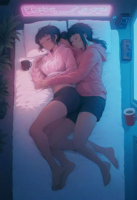 score_9,score_8_up,score_7_up,score_6_up, 2girls, both girls in bed, next to each other, both are sleeping, 2 girls are spooning, spooning, spoon cuddling, cuddling, love, loving cuddle,
sleeping in bed next to a large window, eyes closed, sleeping, steaming coffee cup on windowsill,
wearing croptop hoodie, black croptop hoodie,
hoodie, black shorts
long hair, black hair, low ponytail hairstyle, head resting on pillow, laying on the bed, plants on the windowsill, facing viewer, tidy bedroom, small room, cramped bedroom, teddies on the bed, pink pillows, wearing legging, see through thights, black tights, cyberpunk city view out of the window, neon light, purple neon lights,
