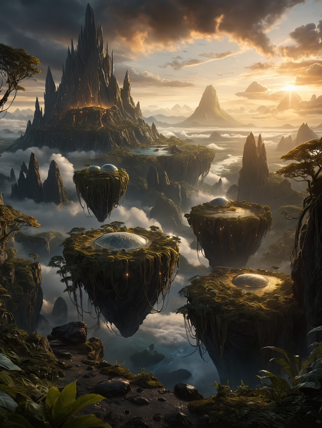 cinematic film still , alien landscape, floating islands, clouds, tendrils, dense dark jungle, glowing stones, colour palette white and black, sci-fi, golden hour, 32k uhd, HDR, fearsome appearance, masterpiece, high resolution, HD, 8k, best quality, intricate details, <lora:add-detail-xl:1.8> . shallow depth of field, vignette, highly detailed, high budget, bokeh, cinemascope, moody, epic, gorgeous, film grain, grainy