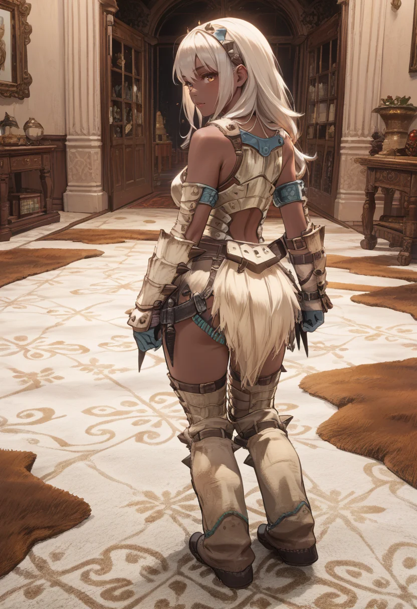 (score_9:0.9),score_8_up,score_7_up,rating_safe,anime style,(zPDXL),<lora:Barioth S Armor ponyXL v2.1:0.85>,barioth armor,from behind,dark-skinned female,long hair,white thigh boots,carpet,white elbow gloves,, looking at viewer,
