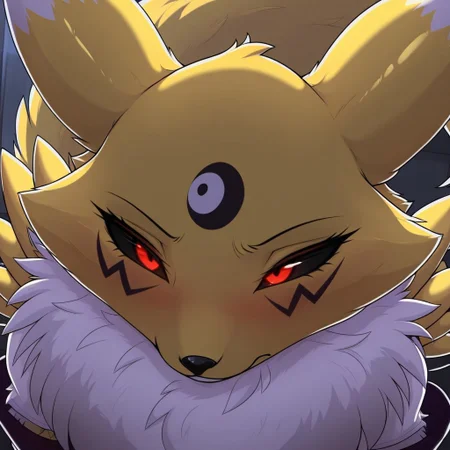 masterpiece, detailed background, best quality, absurd res, high detail, aesthetic, detailed eyes, furry, anthro, male, Kurorena, renamon, tail, yellow fur, yin yang, fur red eyes, collar, black sclera, facial mark, face focus, seductive,
