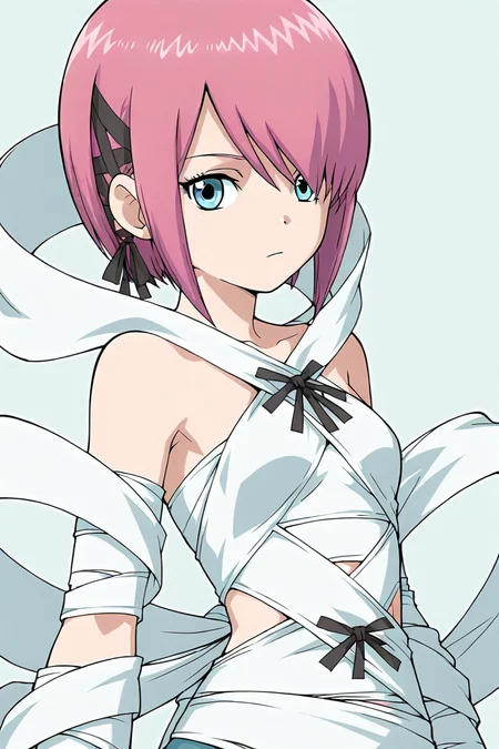 Mon \(Digimon ReArise\),1girl,solo,pink hair,short hair,skirt,looking at viewer,simple background,ribbon,blue eyes,black ribbon,closed mouth,bandages,<lora:Mon 2 (Digimon ReArise):0.8>,upper_body,