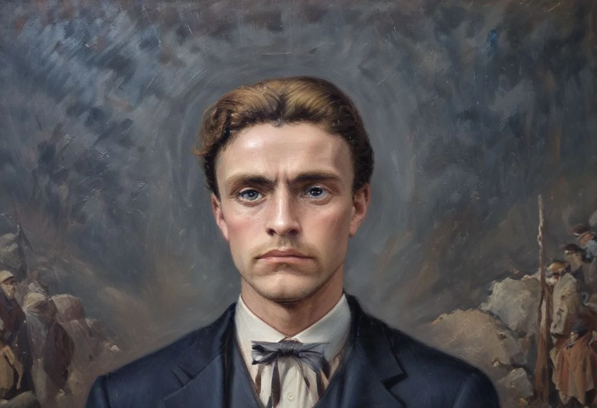Dramatic and realistic image with high quality and ultra high resolution depicting Vasil Levski in front of the gallows accompanied by Ottoman soldiers, correct anatomy, correct anatomy of arms and legs Vasil Levski: A tall, slender man with a beard and moustache. Dressed in dark clothes, draped with (a yamurluk is a thick woolen outer garment) the folk costume designed to protect against the cold and rain characteristic of the era (1870s). He radiates courage and determination, but at the same time he is aware of his destiny. hand and foot shackles. (The Gallows): (A wooden structure erected in a field near Sofia.) A crowd of people has gathered around her, watching in silence. Their faces are sad, dejected. Some of them may cry or mumble. In the background to see churches, mosques or other buildings from the era. Atmosphere: dramatic, sad, winter, cold weather, stormy wind, dark and gloomy, with predominant grays and browns. The air is filled with tension and sorrow, sadness. The sun is setting, casting long shadows. a heavenly ray of light through the clouds falling on Levski, symbolizing his faith and martyrdom. A mountain or other symbol of freedom must be visible behind the gallows. wolves in the distance, children cryingistance