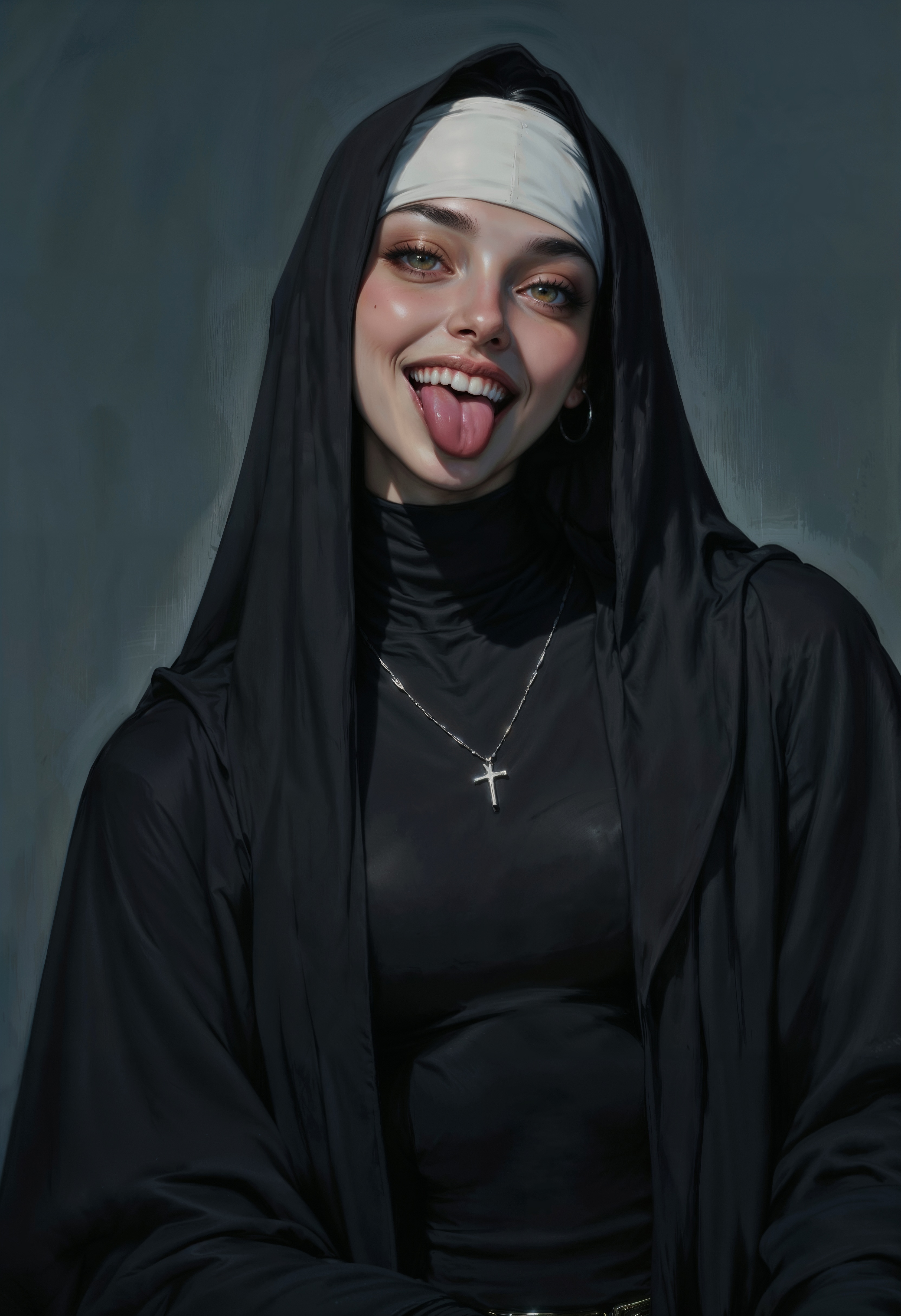 a digital painting in a realistic style, depicting a young woman dressed as a nun. The woman is smiling broadly with her tongue sticking out playfully. Her eyes are hidden beneath a black habit with a white cross on the forehead, which is pulled down over her face. The habit covers her entire head and drapes over her shoulders, creating a sense of anonymity and modesty. She wears a black turtleneck underneath the habit, and a thin silver chain with a cross pendant hangs around her neck. The background is a muted, dark blue, giving a somber yet contrasting backdrop to her playful expression. The lighting is soft but focused, highlighting the glossiness of her skin and the texture of the habit. The overall mood is a blend of innocence and mischief, enhanced by the detailed rendering of the fabric and the realistic portrayal of the woman's skin and teeth. The painting captures a juxtaposition of traditional religious imagery with a modern, cheeky twist, making it both striking and thought-provoking.